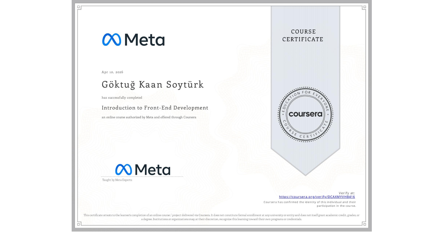 Meta Front-End certificate